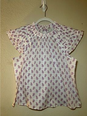 NWOT JCrew White & Lavender Floral Flutter Sleeve Blouse - L